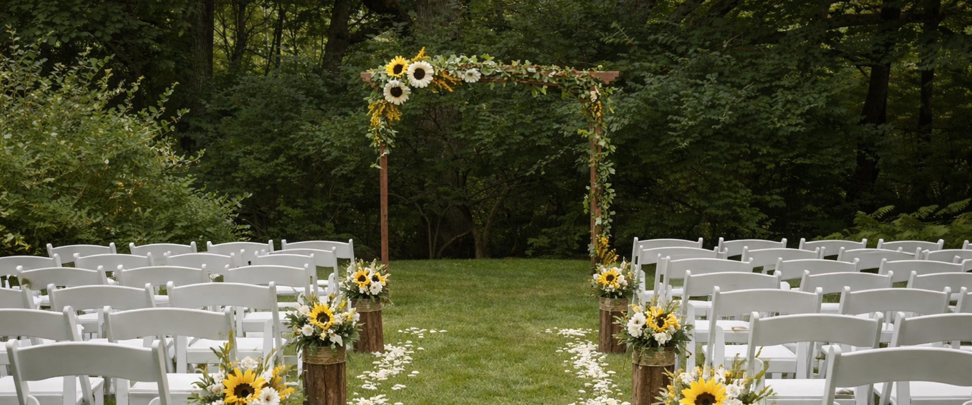 Image of an outdoor party celebration in a garden, featuring colorful balloons, refreshments, and festive decorations